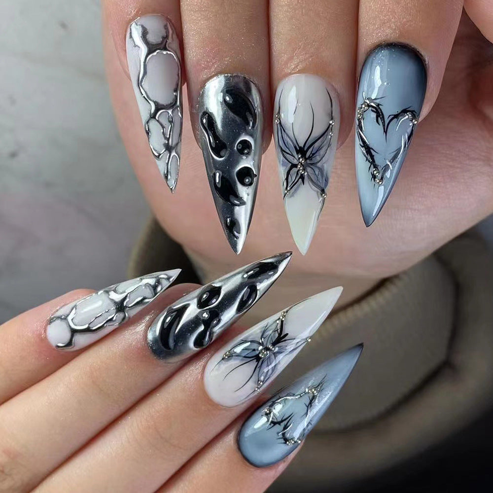 YICKYUE  -  Punk Cool Fake Nails Y2k Sliver Star Crystal Crocodile Pattern Press on Nails Long Coffin Heavy Metal French False Nails