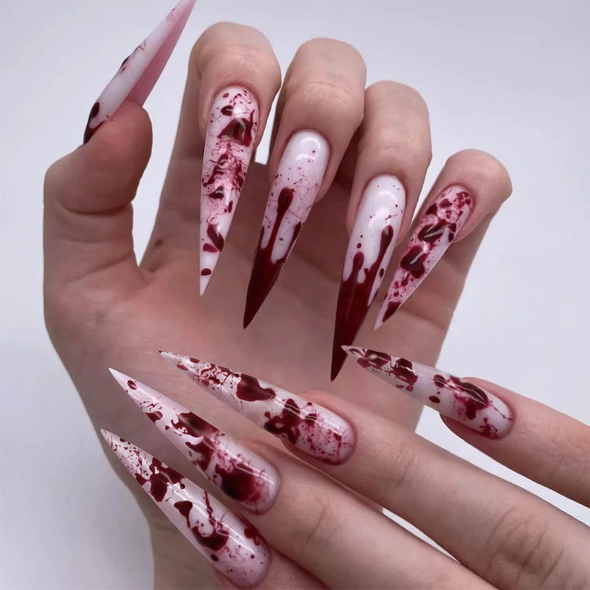 YICKYUE  -  Terror Bloody Knot Gothic Red Halo Dyeing Pointed False Nails Halloween Detachable Finished Fake Nails Press on Nail with Glue