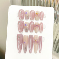 YICKYUE  -  10pcs Handmade Press on Nails Sweet Pink Cat Eye Fake Nail Tips Reusable Wearable Sweet Girl 3D Bow Design Korean False Nails