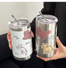 YICKYUE  -  304 Stainless Steelvacuum Flasks Cats Dogs New Straw Cup Home Large Capacity Office Coffee Car Girl Boy Drinking Cups Gift