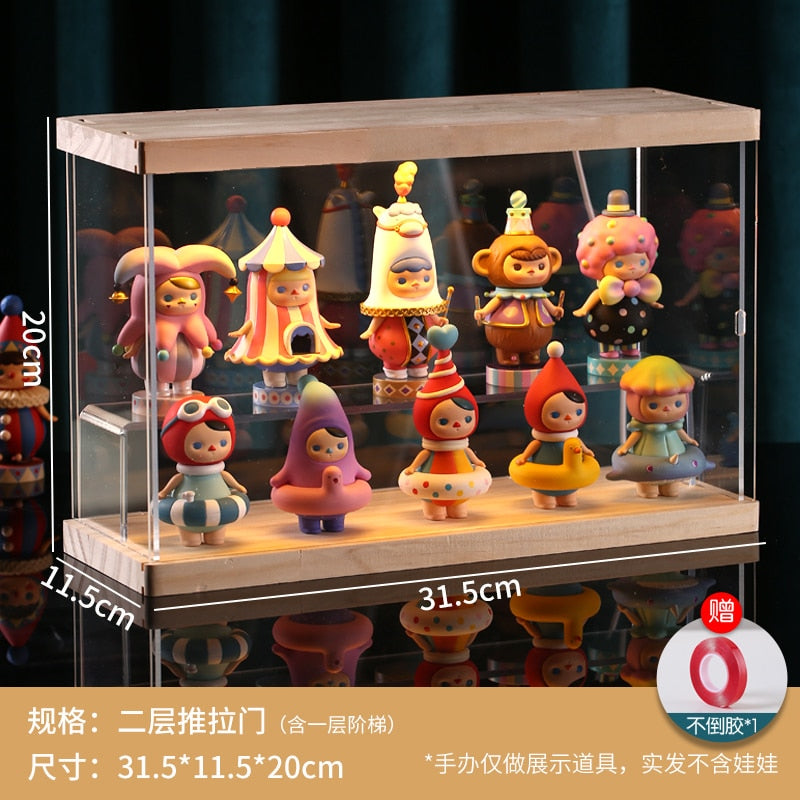 LED Light Wooden Material Blind Box Dolls Display Cabinet Acrylic Desktop Storage Box Toy Dust Organizer for Collectible Figures