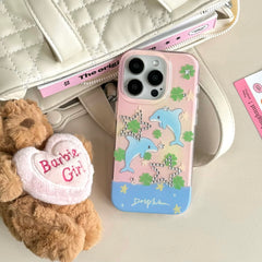 YICKYUE  -  Ins Sparkling Diamond Star Cute Dolphin Four Leaf Clover Love Pendant Phone Case for iPhone 16 15 14 13 Pro Max Back Cover Fund