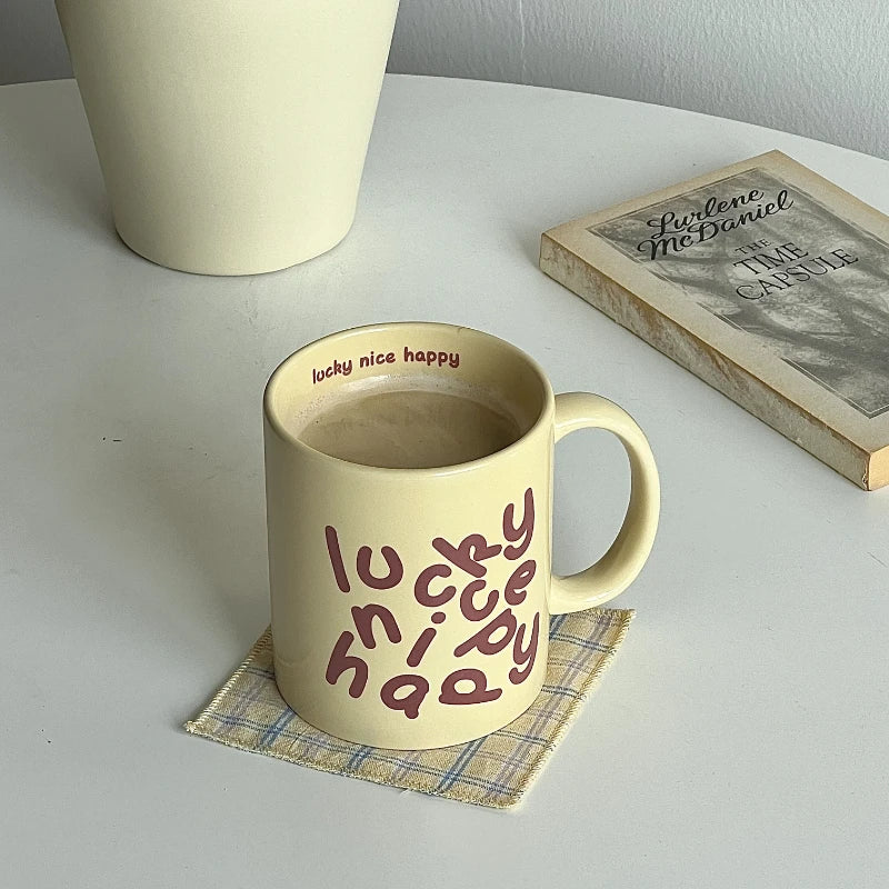 YICKYUE  -  Korean Creative Romantic English Pink Cream Ceramic Cup Couple Gift Breakfast Mug Coffee Cups