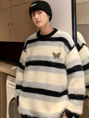 Men'S Casual Crew Neck Sweater, 100% Polyester Knit Fabric, Striped Color Block, Loose Fit, Medium Stretch, Fall/Winter Outerwear, Soft and Cozy Couples' Sweater