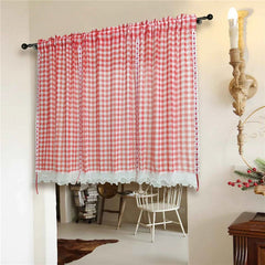 YICKYUE  -  Korean Romantic Red Plaid Ruffled Lace Short Sheer Curtain Red Ribbon Adjustable Lifting Curtain For Living Room Bedroom Kitchen