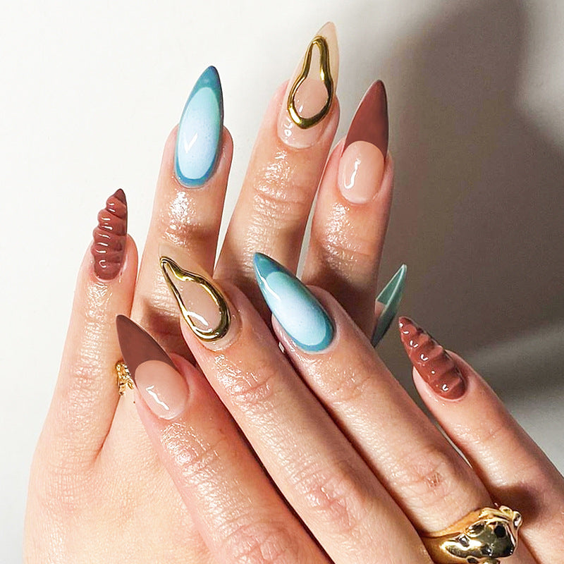 YICKYUE  -  24pcs Green French Fake Nail Patches Ins Crocodile Pattern Press on Nail Full Cover Wearable Sweet Simple Almond False Nail Tips