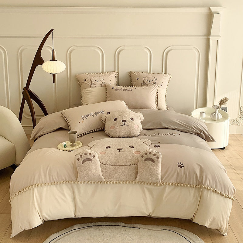 Yickyue Cute Cartoon Bear Applique Embroidery 100% Cotton Child Bedding Set Single Quilt Cover Bed Comforter Cover Bed Sheet Pillowcases