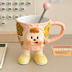 YICKYUE  -  Korean Cute Cartoon Style High Temperature Firing Ceramics Coffee Mug With Handle Underglaze Handmade Painting Afternoon Tea