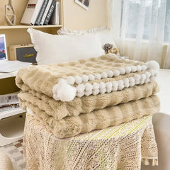 Yickyue Faux Fur Autumn Winter Warm Blanket with Plush Ball Edge High End Comfortable Warmth Blankets for Beds Sofa Blanket for Throw