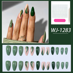 YICKYUE  -  24pcs/ set short almond nail main color blue-green leaf wave press nail nail nail patch Fake nail wear nail suitable for women
