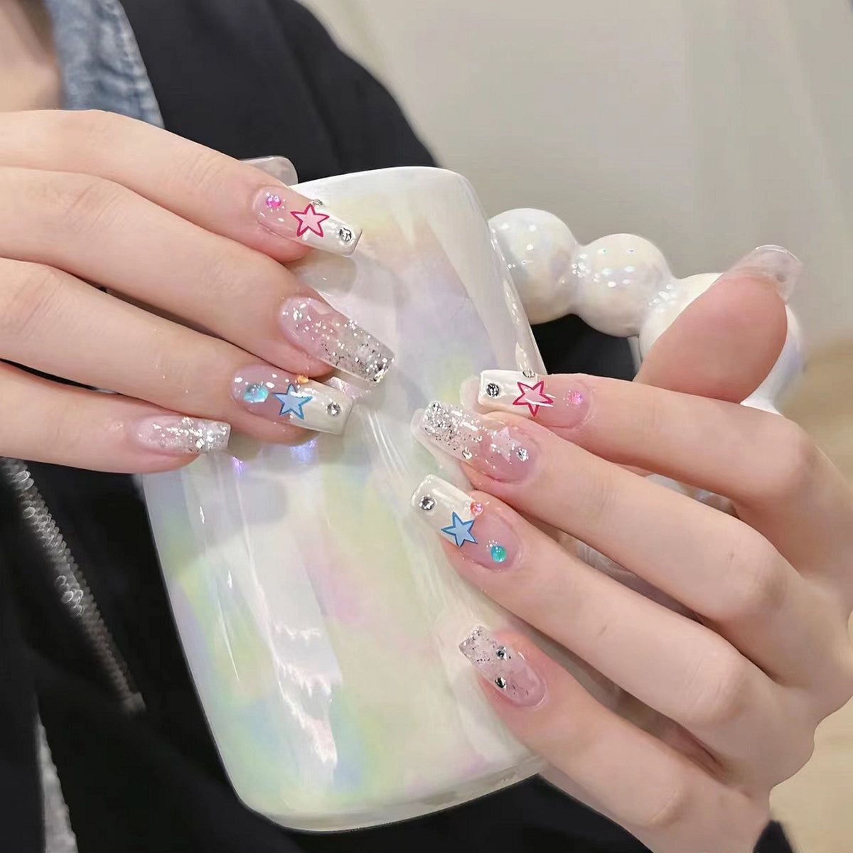 YICLYUE  24pcs Short Ballet Y2k Nails Set Small Diamonds Fake Nails Press On Nail Tips French False Nails Pink Black Star Decoration