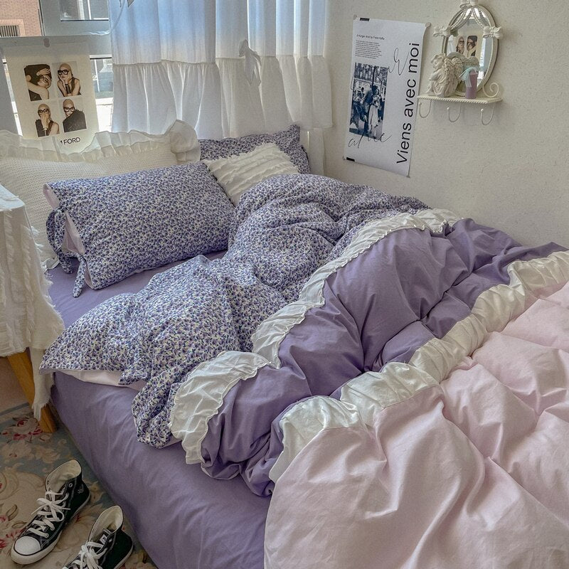 French Style Girl's Heart Retro Sweet All Cotton Washed Cotton Four-Piece Set Pure Cotton Sleep Naked Quilt Cover Bed Sheet