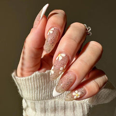 YICKYUE  24Pcs French Flowers Press on Nails Korean Sweet Style False Toenail Patches Wearable Full Cover Almond Artificial Nail Tips