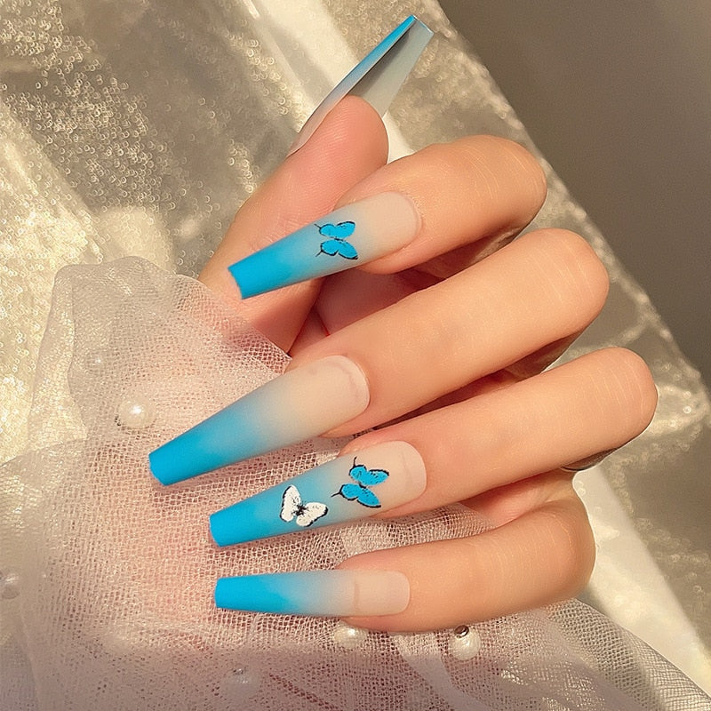 24pcs Blue Butterfly Scrub Matte Long Ballet Finished Nail Art Removable Press On Fake Nails Long T Wearing Reusable False Nails