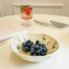 Yickyue Ceramic Salad Bowl Hand Pinched Irregular Flower Cream Yellow Yogurt Bowl ins korean style Oatmeal Breakfast Flower Bowl Kitchen
