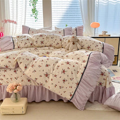 Yickyue  Korean Comforter Bedding Set Washed Cotton Bed Four-Piece Set Princess Printed Soft Bed Linen Duvet Cover Set Floral Quilt Cover