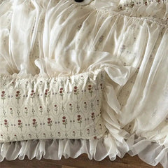 YICKYUE  -  4Pcs Vintage French Pure Cotton Rose Print Pleated Lace Ruffles Bedding Set Queen King Size Duvet Cover Set Bed Sheet Pillowcase