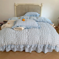 Yickyue Korean-style Seersucker Folds Washed Cotton Bedding Set Flat sheet/Bed Skirt Duvet Cover Set(1.5/1.8/2.0m Size,4pcs,7 Colors)