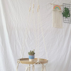 Boho Macrame Hanging Plant Support Wood Shelf Plate Handmade Korean Nordic Home Bedroom Decor Bed Side Small Stuff Organizer