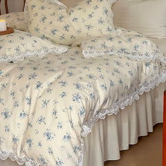 100% Cotton Vintage French Floral Pattern Princess 4Pcs Bedding Set Ruffles Bed Skirt Quilt/Duvet Cover Set Bed Linen Pillowcase