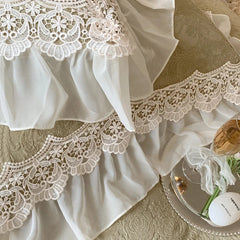 YICKYUE  -  Vintage French Double Layer Lace Ruffles Carved Velvet Bedding Set, Furry Warm Duvet Cover, Flat/Fitted Bed Sheet, Pillowcases