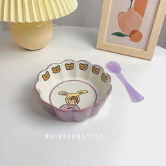 Korean Cute Cartoon Girl Lace Bowl Ceramic Breakfast Fruit Oatmeal Bowl Children Pink Strawberry Purple Yogurt Bowl