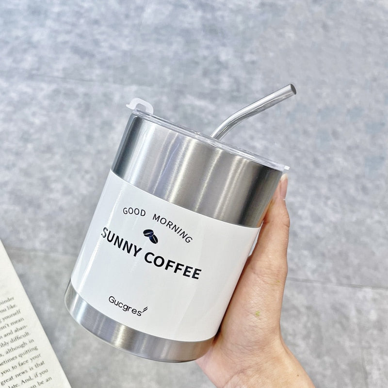 400ml Double Wall Stainless Steel Coffee Mug With Lid Straws Leak-Proof Vacuum Flask Thermal Beer Tea Cup Water Bottle Drinkware