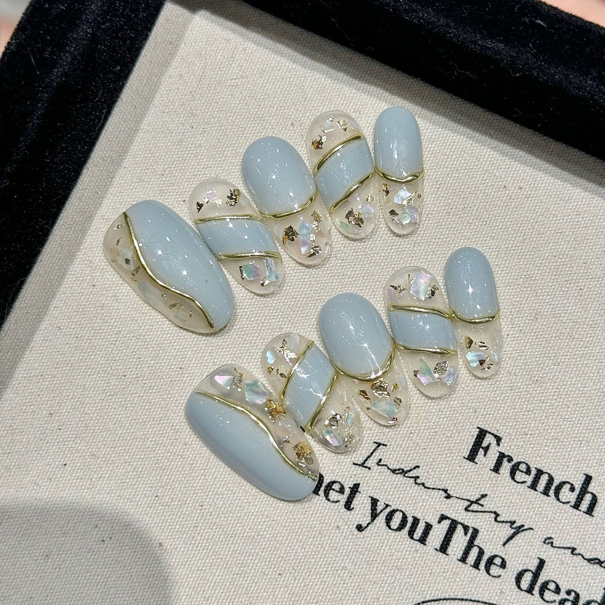 YICKYUE  -  10pcs Handmade Press on Nails Mint Green Almond Gold Edge Fake Nails With Sequin Shiny False Nail Tips Wearable Nail