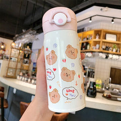 Simple and Cute Strawberry Bear Printing Cartoon Vacuum Flask Student Campus Girl Heart Elastic Cover with Lock Vacuum Flask