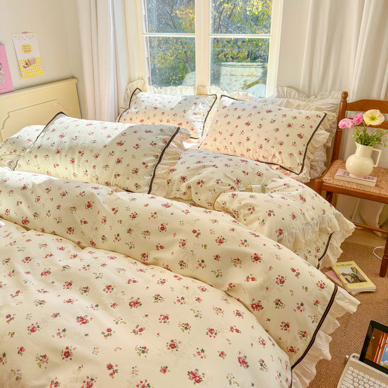 Yickyue Floral Print Pure Cotton Home Bedding Set Lace Edge Duvet Cover Set With Flat Sheet Vintage Rose Comforter Covers Pillowcases