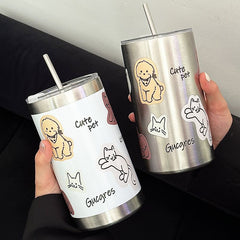 YICKYUE  -  304 Stainless Steelvacuum Flasks Cats Dogs New Straw Cup Home Large Capacity Office Coffee Car Girl Boy Drinking Cups Gift