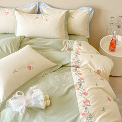 Yickyue - Vintage Floral Soft Brushed Cotton Embroidery Bedsheets Set