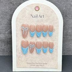 YICKYUE  -  10Pcs Handmade Blue Fake Nails with Hand-painted Bow Designs Mid-length Almond Press on False Nails French Full Cover Nail Tips
