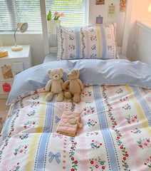 YICKYUE  -  Cute colorful blue pink flower rabbit bow bedding set,twin full queen king cotton home textile bed sheet pillow case quilt cover