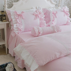 New Luxury Layers Bedding Set Sweet Princess Bow Ruffle Duvet Cover Wedding Bedding Pink Bed Sheet Girl Baby Bed Skirt Cover
