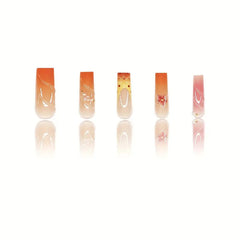 YICKYUE  -  24pcs Long Ballet Y2k Nails Press On Nails 3D Sweet Flower Orange Gradient False Nails With Cute Pearl Decor Finished Fake Nails