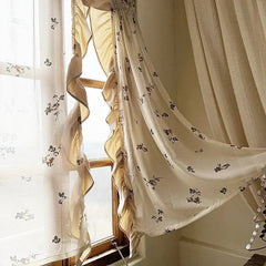 YICKYUE  -  Pastoral Cream White Rose Tulle Curtains Window Decor Embroideried Flounced Window Curtain Home Hotel Cafe Decoration 2pcs/lot