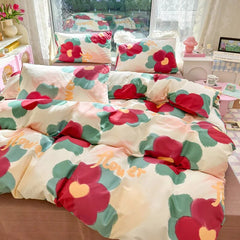 Yickyue Rosered Bedding Set Flora Summer Duvet Cover Pillowcase Comforter Bag Flat/Fitted Sheet King Bedclothes Home Textile Twill Print