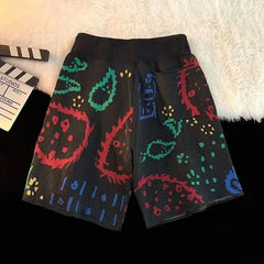 Hearujoy Cashew Flower Knitted Shorts Men Women Drawstring Loose Five Quarter Pant Summer American  Vintage High Street Casual Shorts