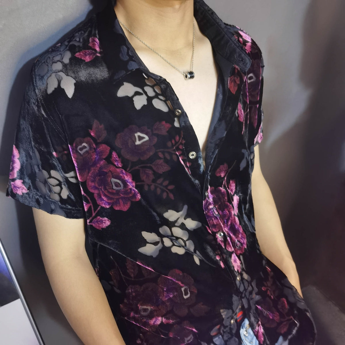 YICKYUE  -  Fashion Transparent Floral Shirt Masculine Velvet Slim-fit Shirt Mens Short-sleeved Clothing See-through Nightclub Purple Shirt