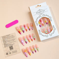 YICKYUE 24pcs Long Point Press On Nails Colorful Small Flower Sweet False Nails for Girl Wearable Artificial Nail Tips Free Shipping
