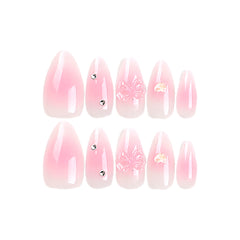 YICKYUE  -  24Pcs Gradient Pink Press on Nails Short Almond Fake Nails Heart Bow Design Nail Tips Sweet False Nail for Women&Girls DailyWear