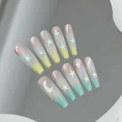 YICKYUE  -  10pcs Handmade Long Ballet Press on Nails Summer Blue Yellow Gradient Cat Eye Fake Nails Wearable Sweet Star False Nail Tips