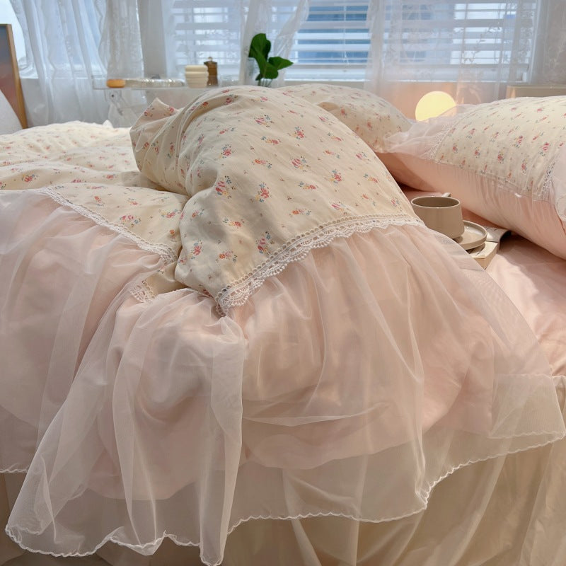 Yickyue Princess Chiffon 100% Cotton Duvet Cover Set with Bed Skirt All Cotton Bedding Set Soft Little Floral Quilt Cover and Pillowcase
