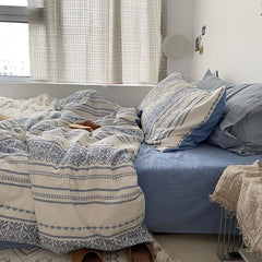 Yickyue 4Pieces Yarn Dyed Wasehed Cotton Boho Bedding set blue white Tribal Striped Geometric Print Duvet Cover with Zipper Ultra soft