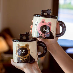 YICKYUE  -  Ceramic Mug Cute Cat Girl With Lid Spoon Office Water Cup Student Office Milk Breakfast Couple Birthday Companion Valentine Gift