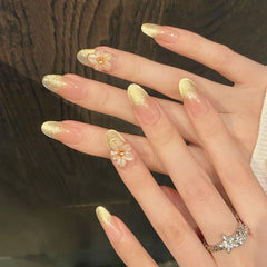 YICKYUE  -  10pcs Handmade Press on Nails Gradient Gold Cat Eye Round Head Fake Nails with Yellow Flower Wearable Reusable False Nail Tips