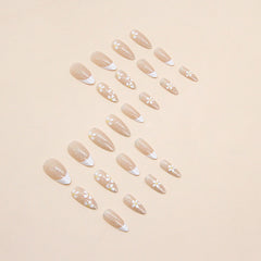 YICKYUE  24Pcs French Flowers Press on Nails Korean Sweet Style False Toenail Patches Wearable Full Cover Almond Artificial Nail Tips