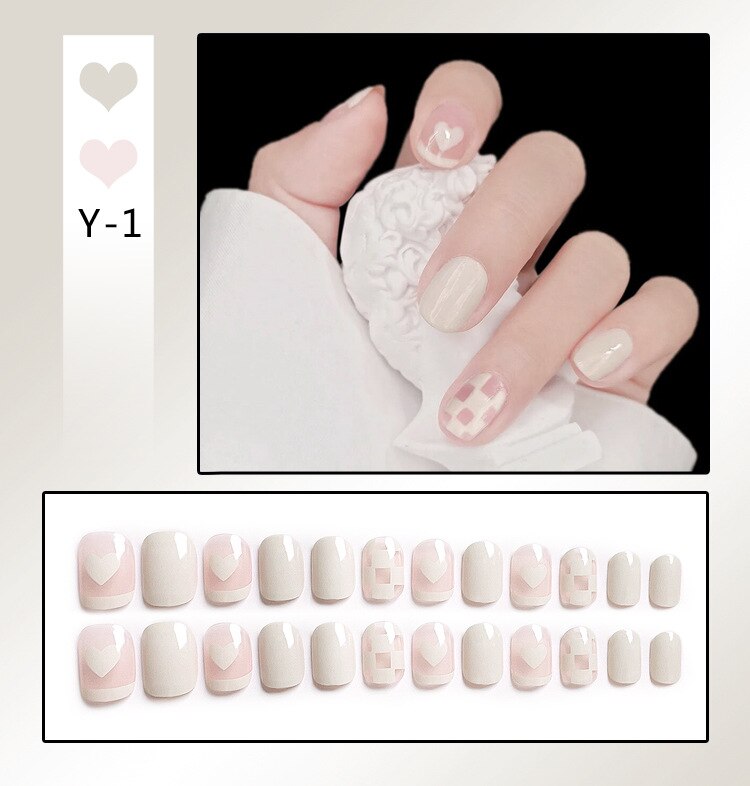 24Pcs Coffee Color Grids Rhombus Designs False Nail Full Cover Short Coffin Fake Nails with Glue Detachable Wearable Manicure