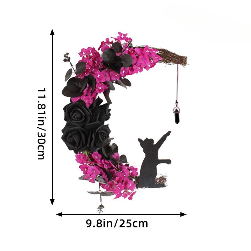 YICKYUE  -  Bent Moon Cat Wreath Door Hanging Creative Halloween Simulation Plant Vine Circle Home Atmosphere Decoration Wall Hanging